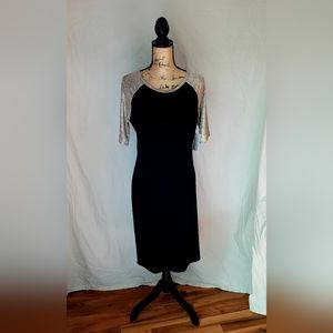 LuLaRoe Julia Dress - Black with Gold Lame-esque Sleeves
